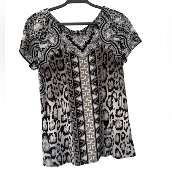 INC International Concepts Black Ivory and Tan Animal Print Blouse - Picture 1 of 5